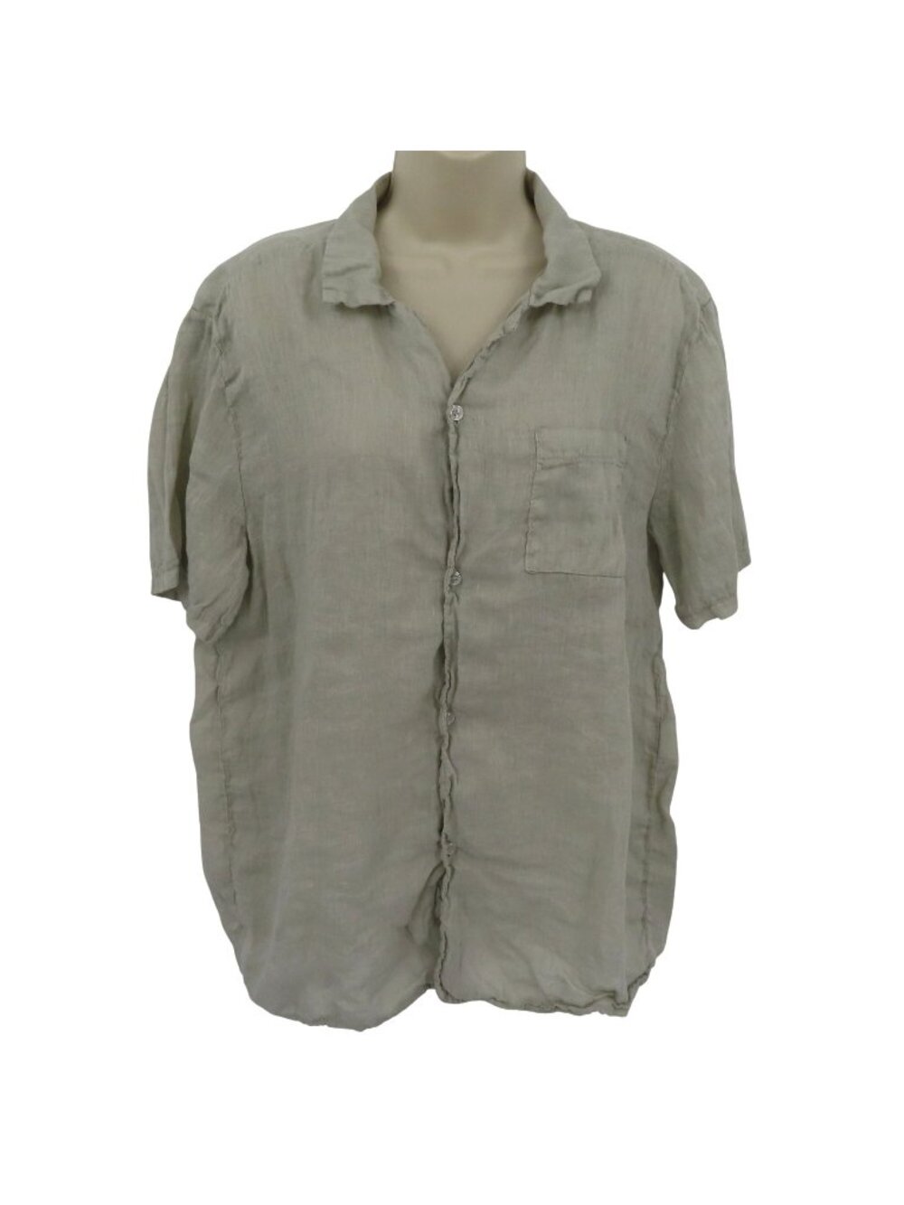 Mida Women Large Gray Beige Greige All Linen Collar Button Shirt Short Sleeve